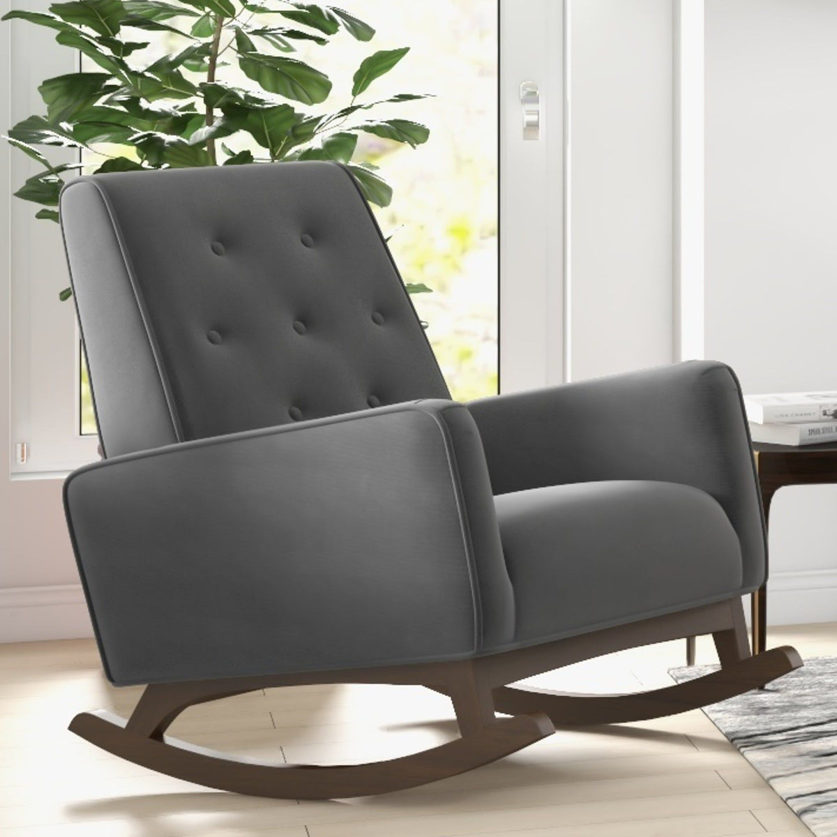 Mid-Century Modern Rocking Chair with High Density Foam Cushion - Dark Gray