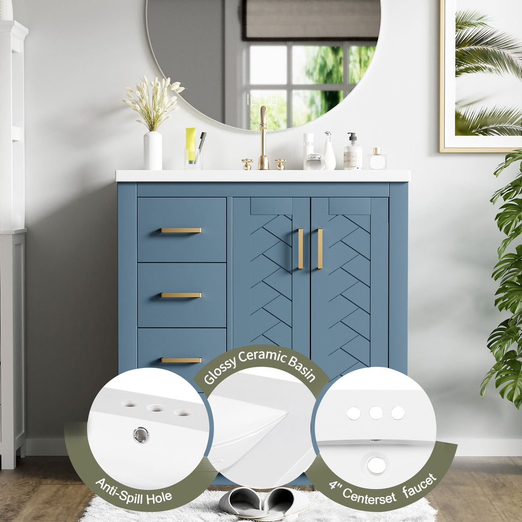 Ceramic Sink Vanity Combo with 3 Drawers and Soft Closing Doors - 30"