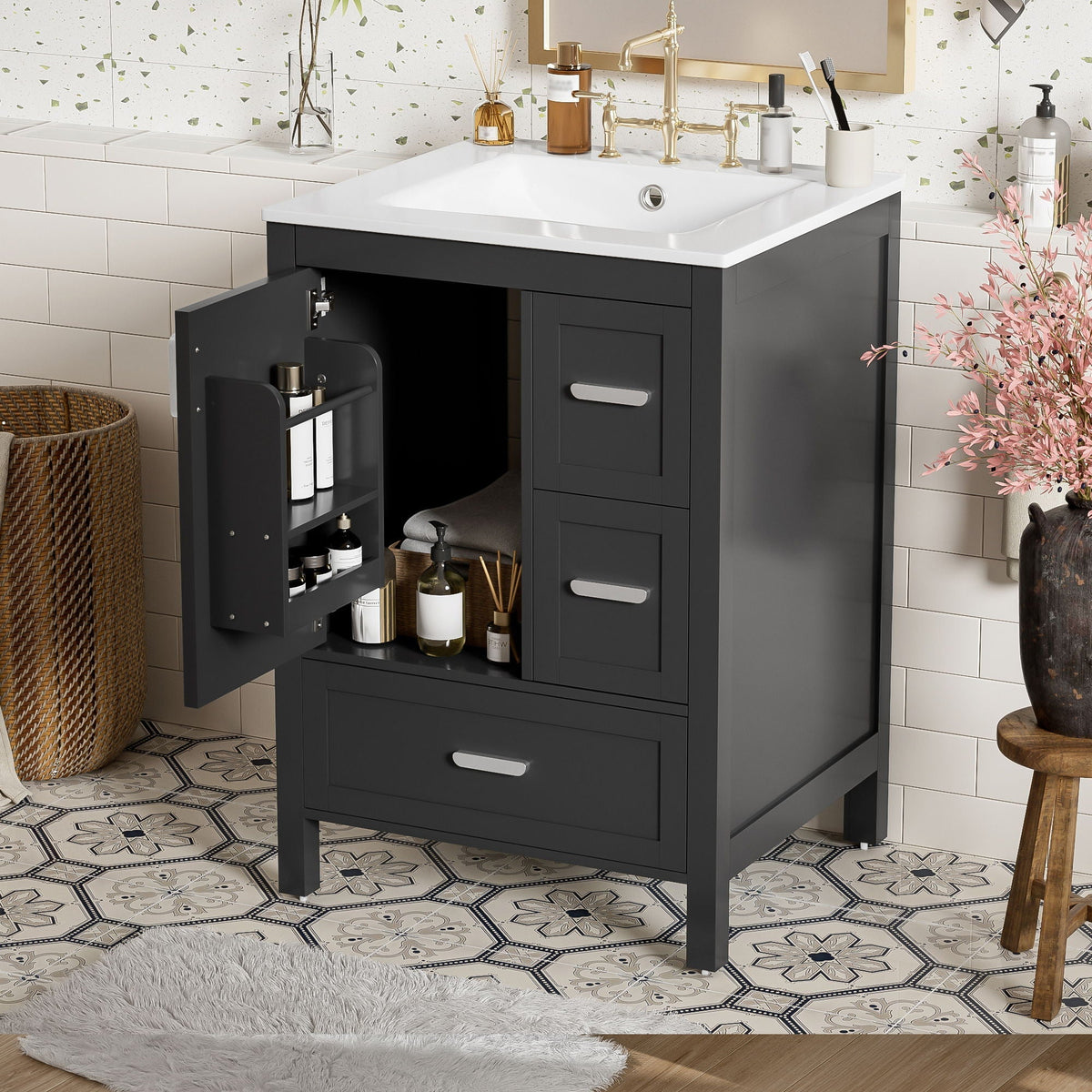 Bathroom Vanity with Sink, Soft-Close Doors & 3 Drawers - White, Black, Green