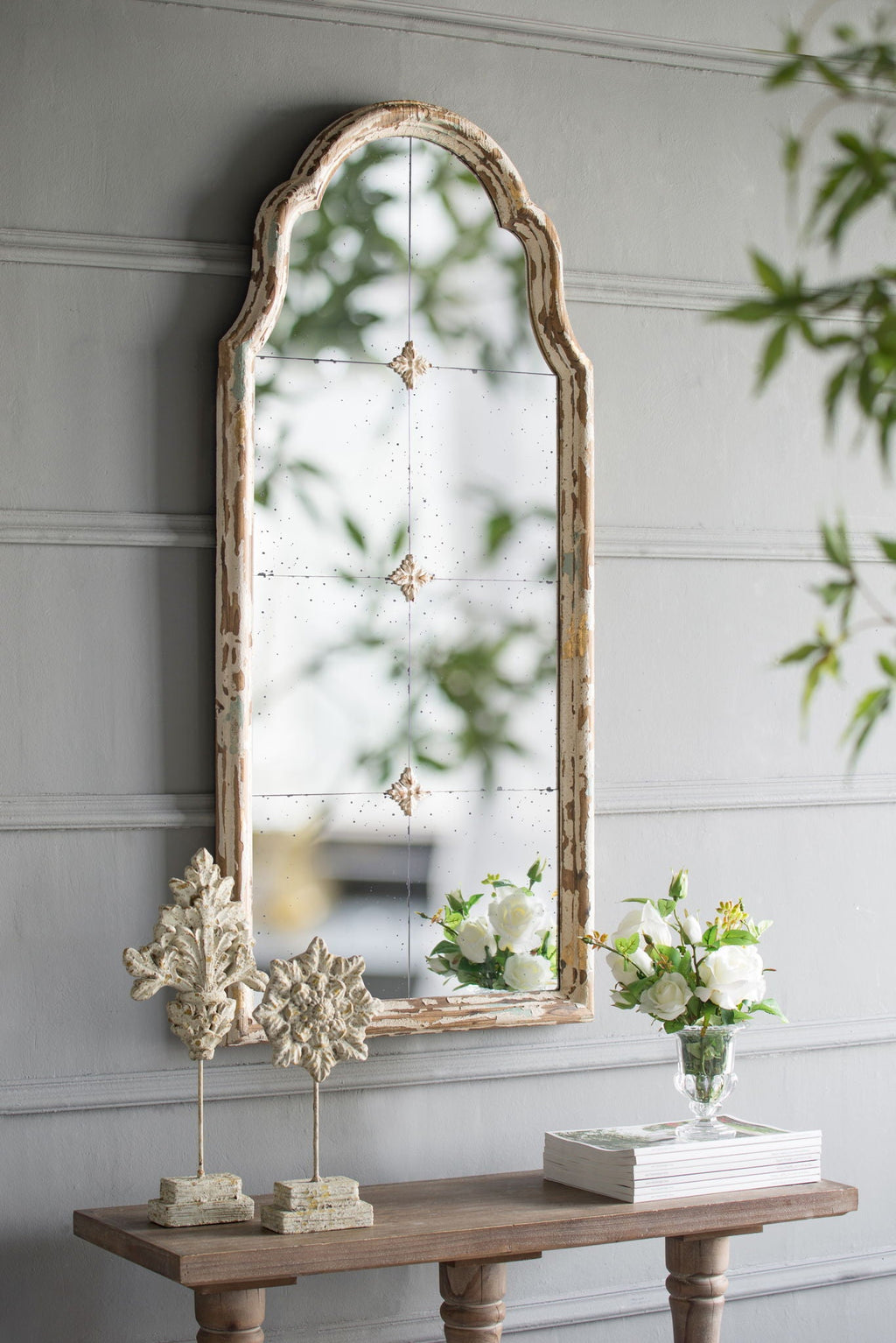Large & Framed Arched Wall Mirror with Decorative Window Design - Cream