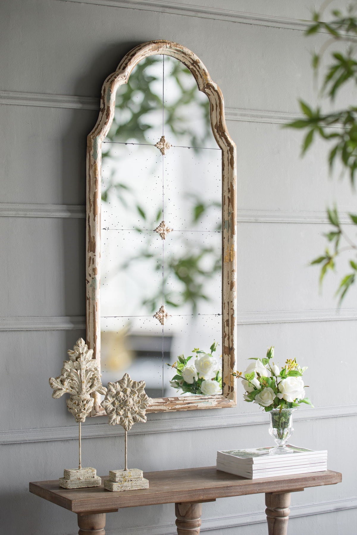 Large & Framed Arched Wall Mirror with Decorative Window Design - Cream