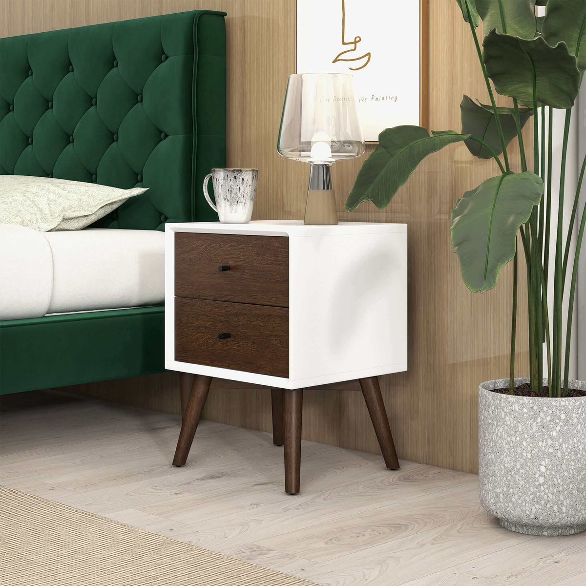 Mid-Century Modern Night Stand with 2 Drawers - Dark Brown or White