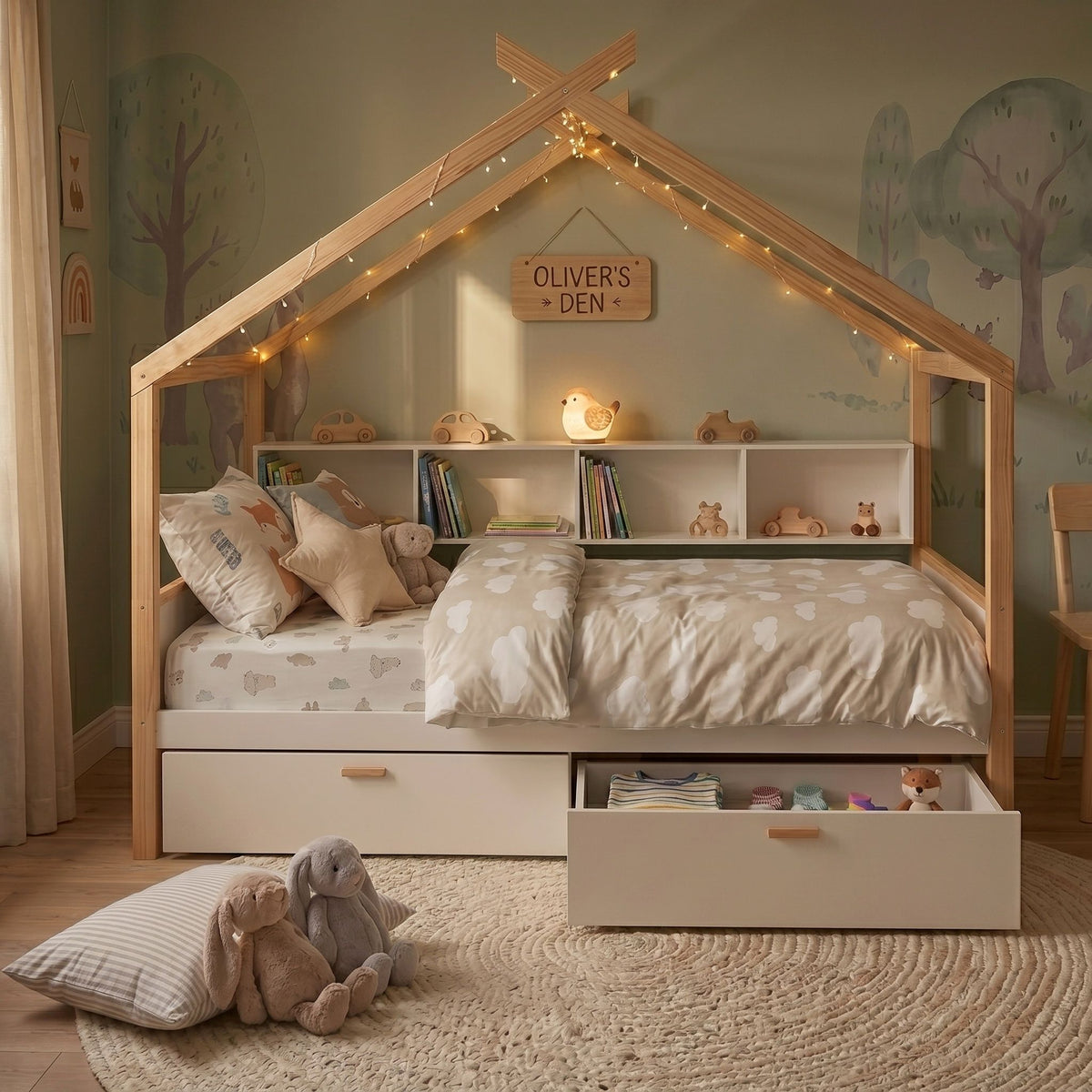 House Bed With Bookshelf Storage and Integrated Shelves - White