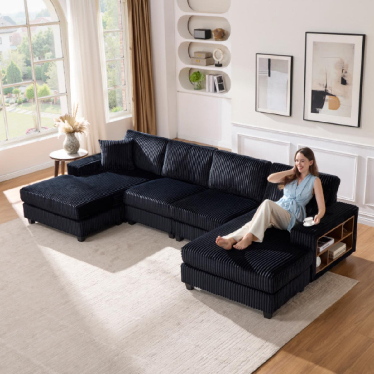 U-Shaped Convertible Sofa, 4 Seater Sectional with Storage Armrests - Multiple Colors
