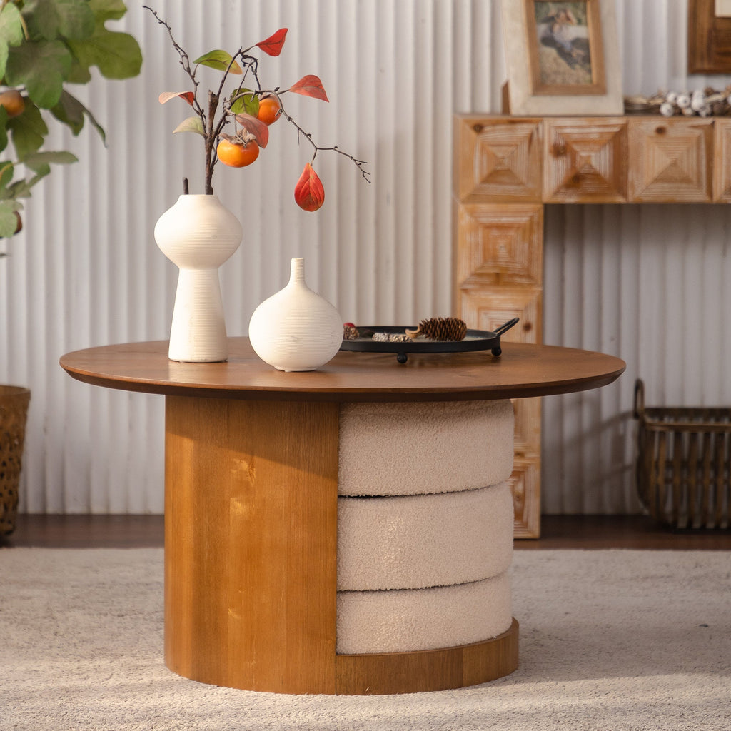 31.5" Round Wood Coffee Table with 3 Teddy Fabric Nesting Stools - Walnut