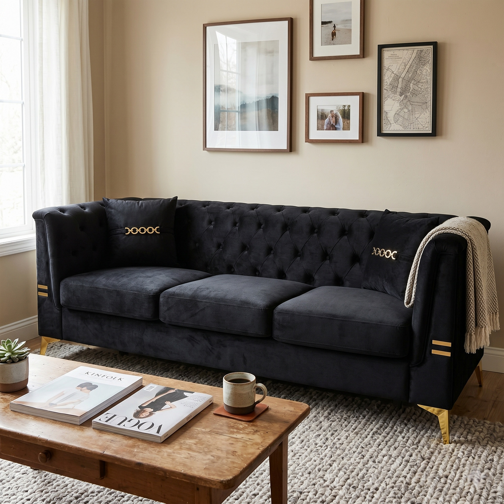 Contemporary Faux Sherpa Sofa with Gold Accents and 2 Pillows - White