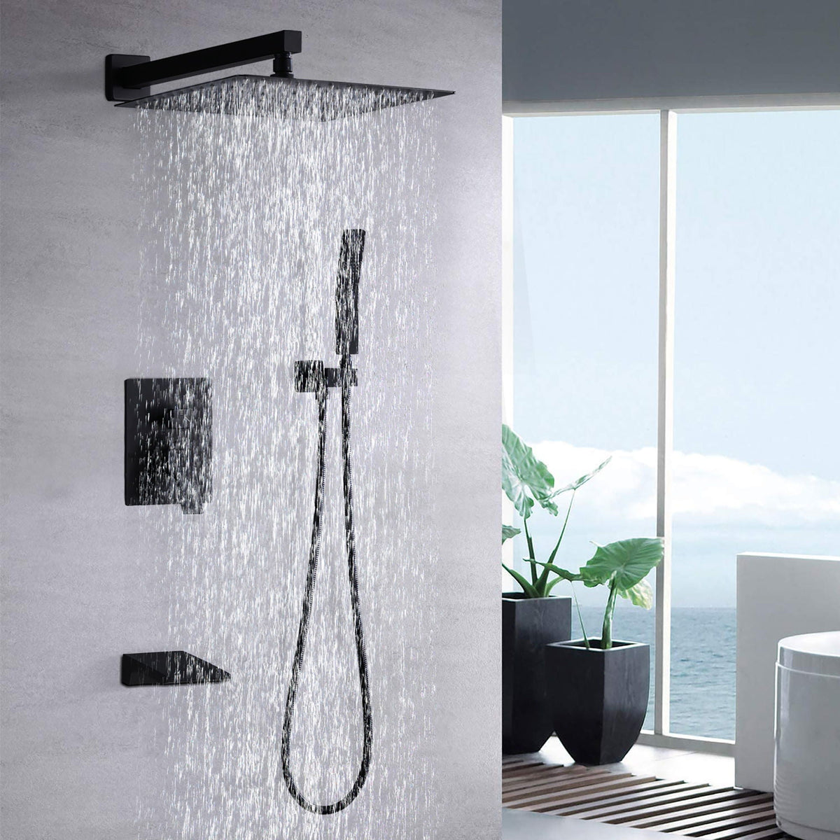 Modern 10" Wall Mounted Rainfall Shower Head System with Handheld Shower - Gold or Black