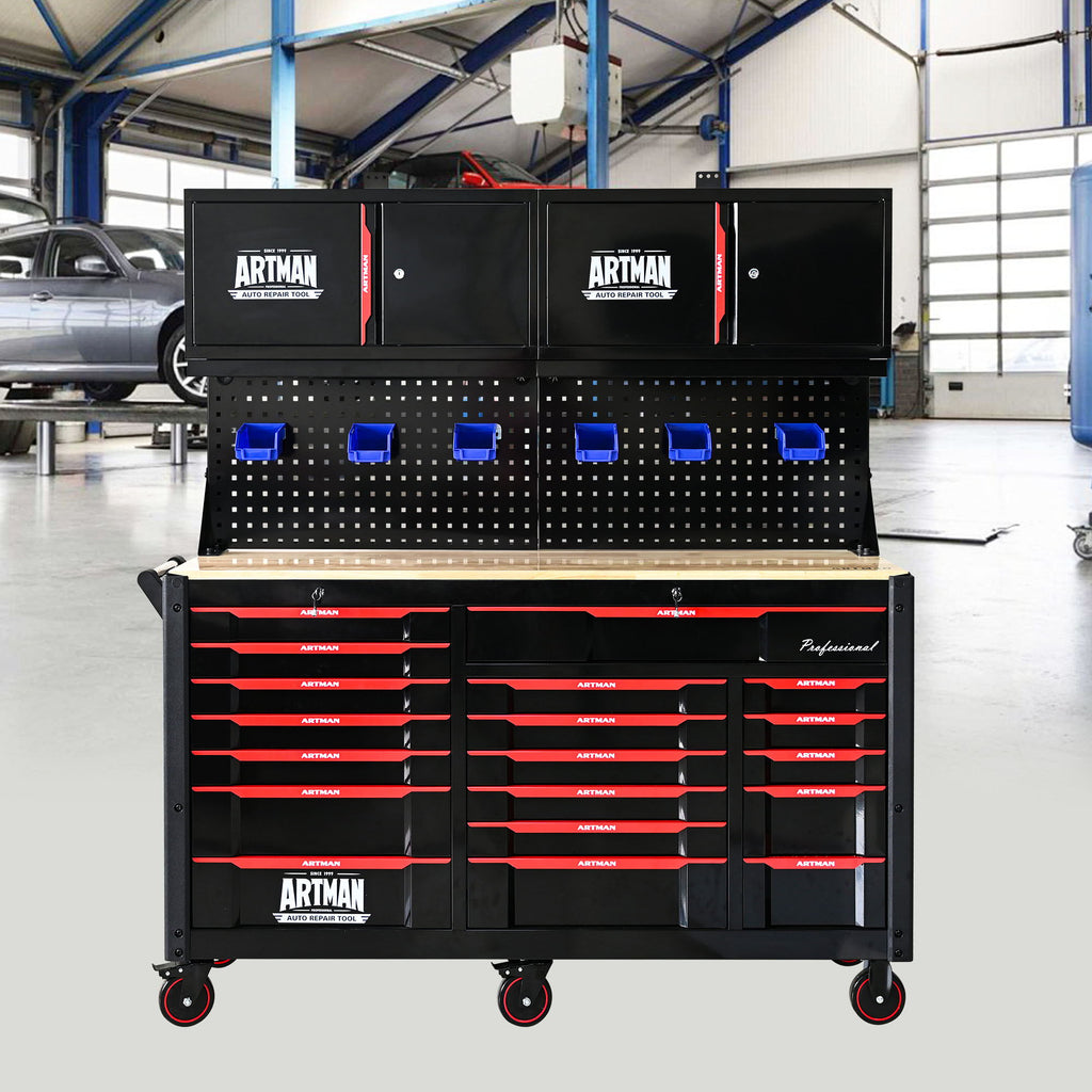 Heavy Duty Tool Cart with 19 Drawers and Locking System - Black/Red