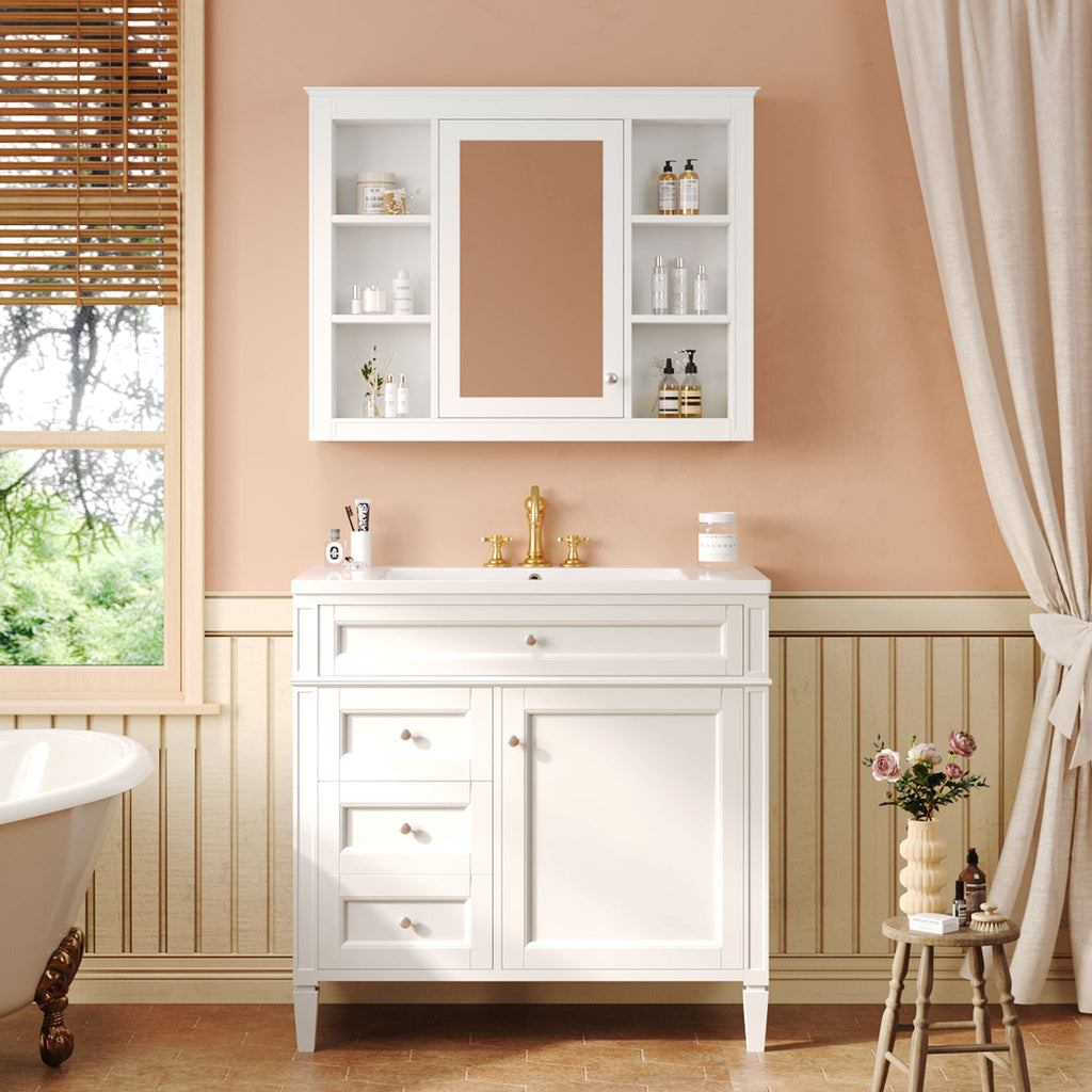 Bathroom Vanity With Mirror Cabinet and Single Sink - Soft-Closing Doors