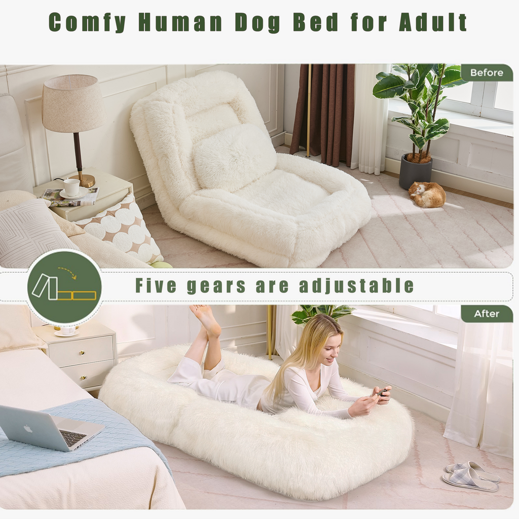 Beige Human Dog Bed & Lazy Sofa Chair with 5-Position Adjustable Backrest