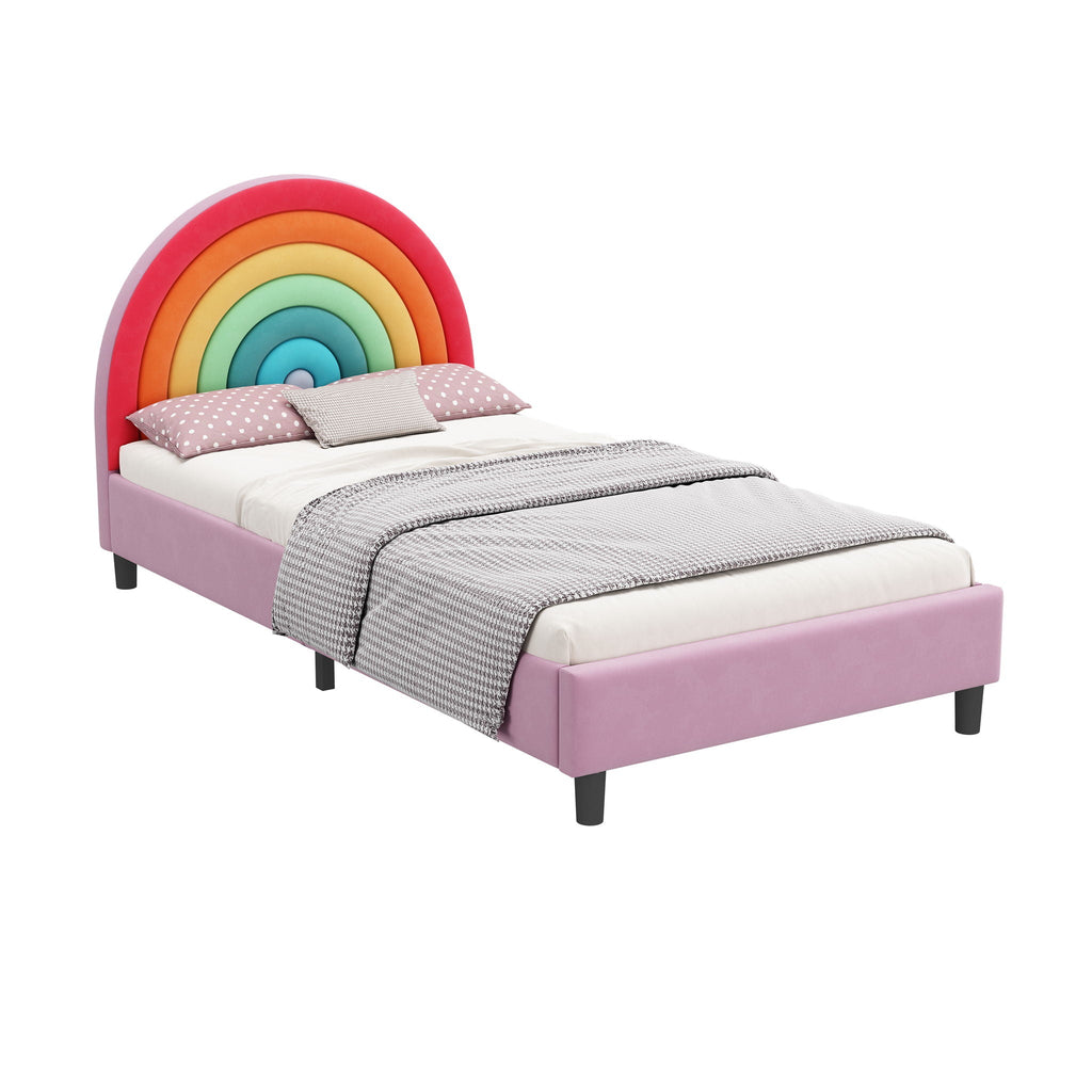 Rainbow Design Twin Upholstered Bed with Sturdy Wood Slats - Pink