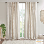 Cotton Printed Curtain Panel with Chenille Stripe - Ivory