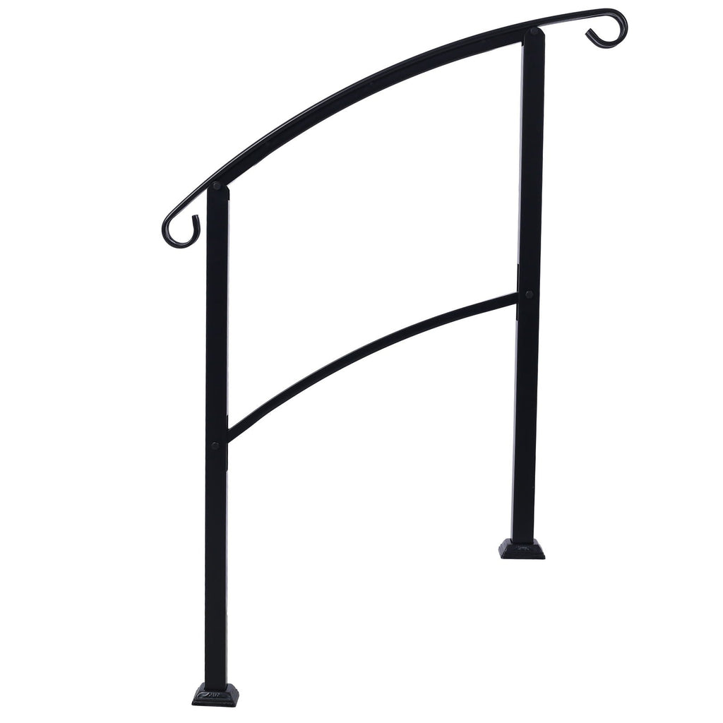 Black Wrought Iron Outdoor Step Handrail with Flexible Installation - Fits 1 to 3 Steps