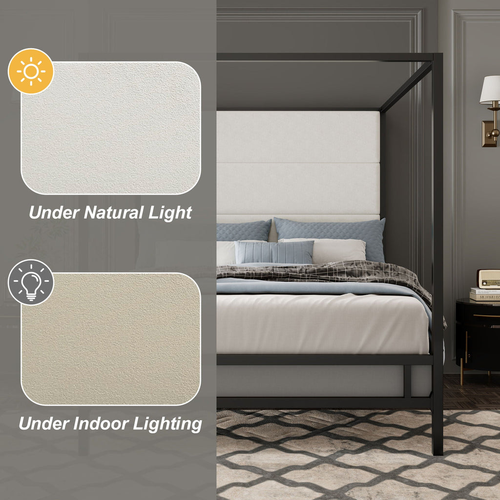 Canopy Bed With Tall Upholstered Headboard - 4 Poster Frame - Gold or Black