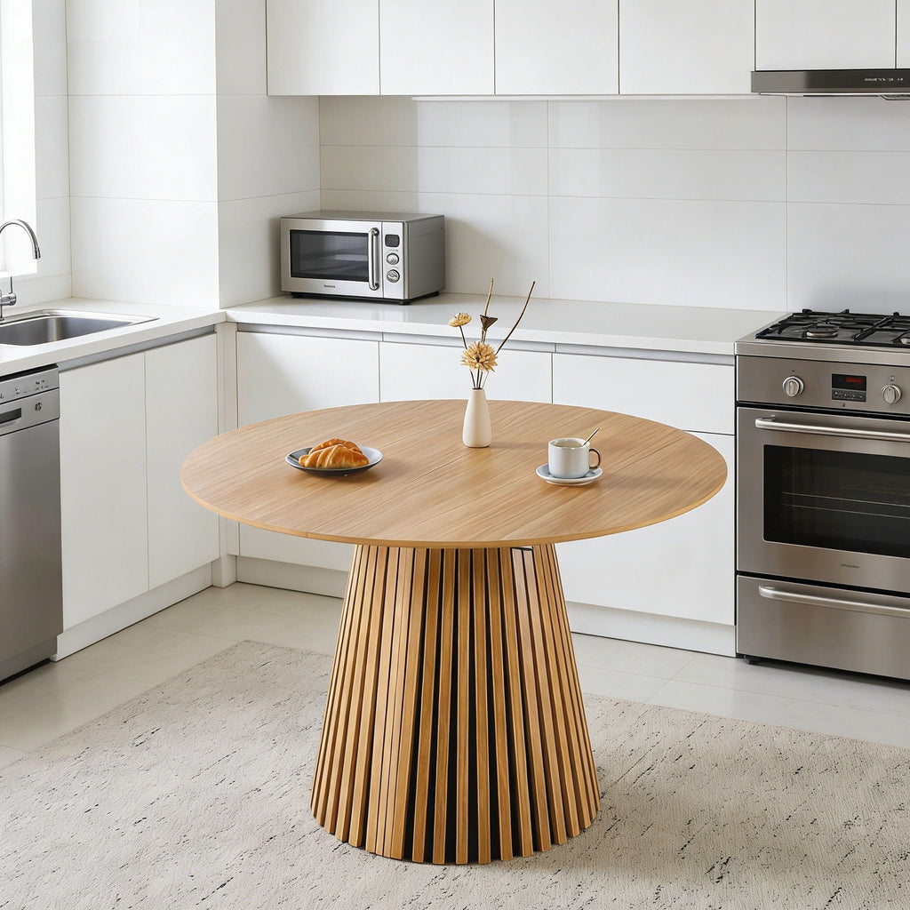 Extendable Pedestal Multifunctional Dining Table with Mid-Century Design - Oak