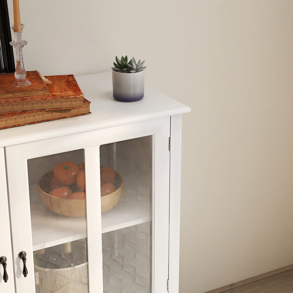 Buffet Storage Cabinet with Double Glass Doors and Bell Handle - White