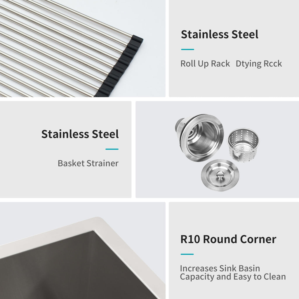 Modern Undermount Stainless Steel Kitchen Sink 16 Gauge, Deep Single Bowl - Gray