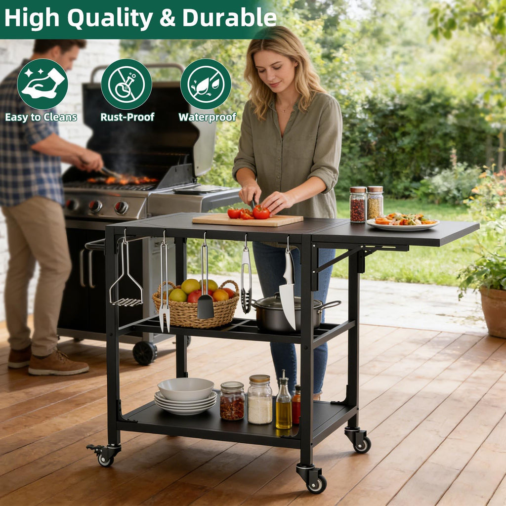 Outdoor Grill Table with Wheels and Storage Shelf - Black