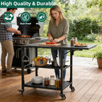 Outdoor Grill Table with Wheels and Storage Shelf - Black