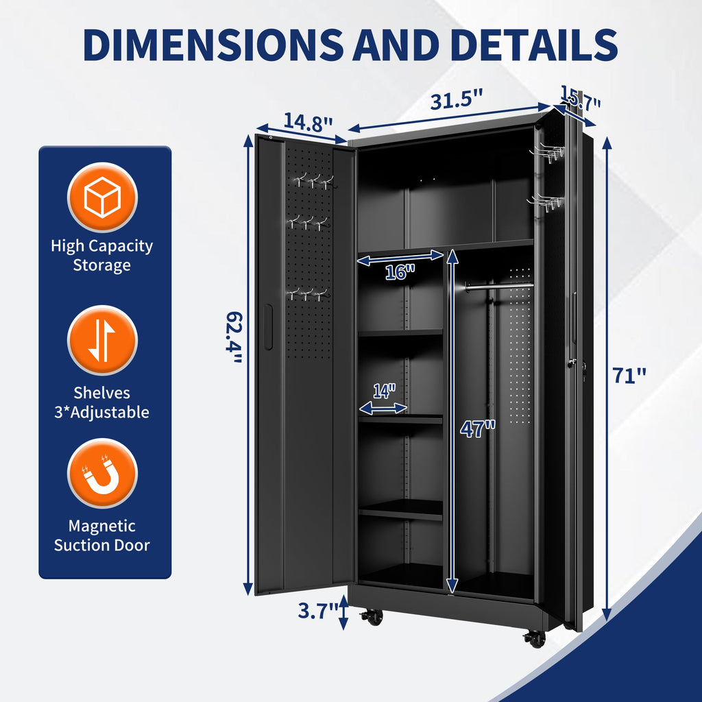 Rolling Metal Storage Locker Cabinet with Lockable Doors - Steel