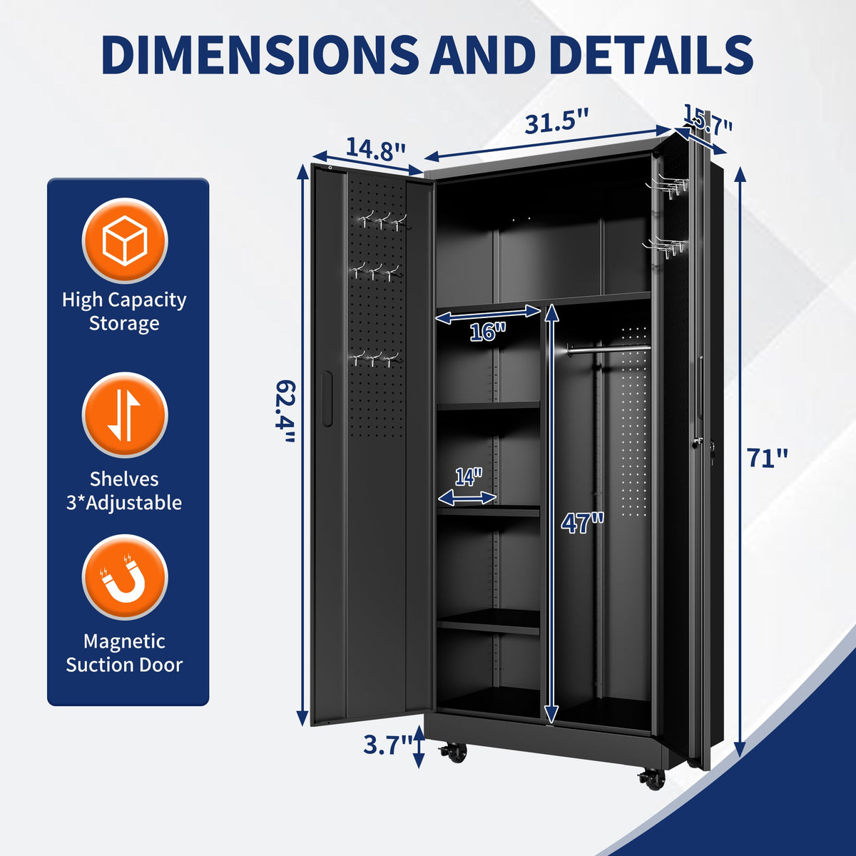 Rolling Metal Storage Locker Cabinet with Lockable Doors - Steel