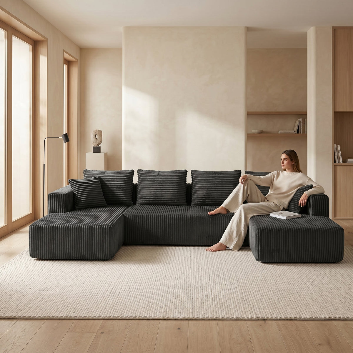 132.1 Inch U-Shaped Corduroy Modular Sectional Sofa - Gray