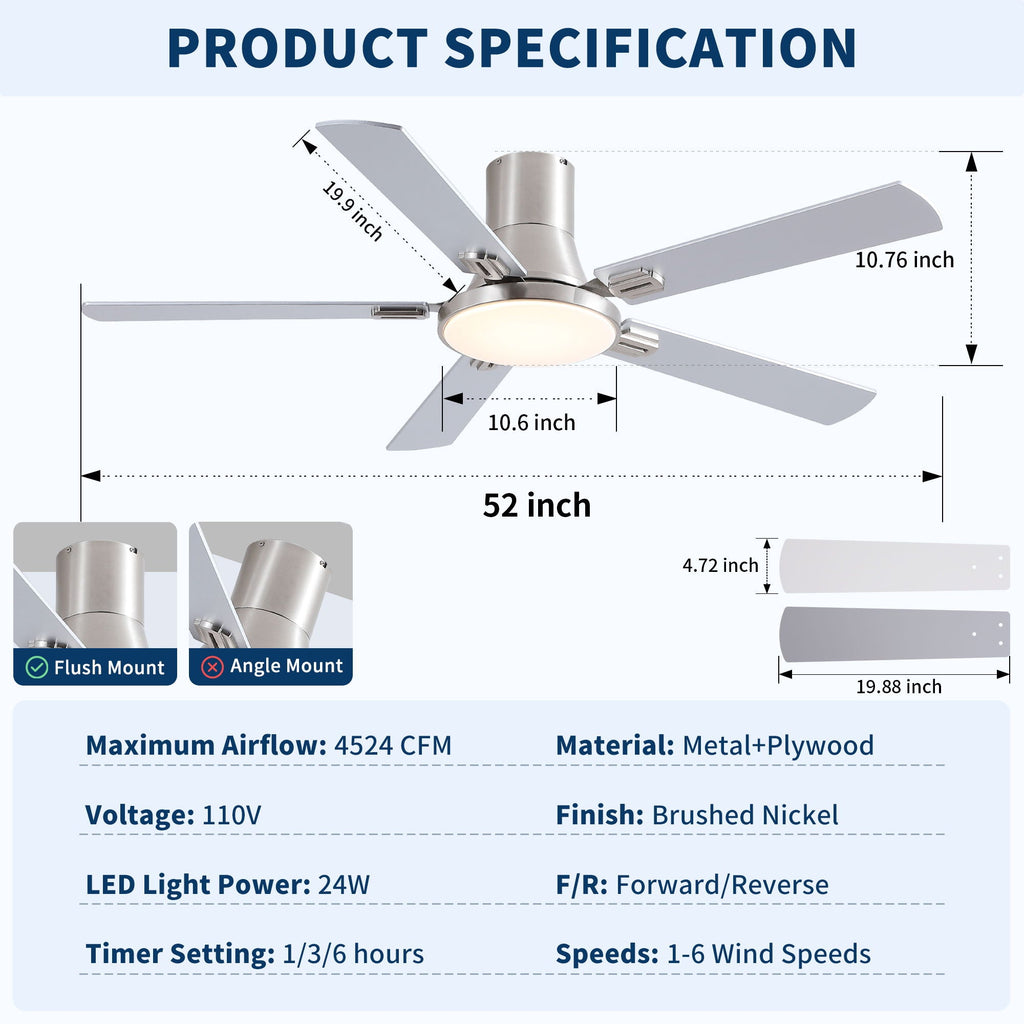 Flush Mount Ceiling Fan with LED Light and Remote Control - Black, White, Pearl Silver