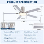 Flush Mount Ceiling Fan with LED Light and Remote Control - Black, White, Pearl Silver