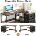 L-Shaped Computer Desk with Drawers and Shelves - Black or Dark Brown
