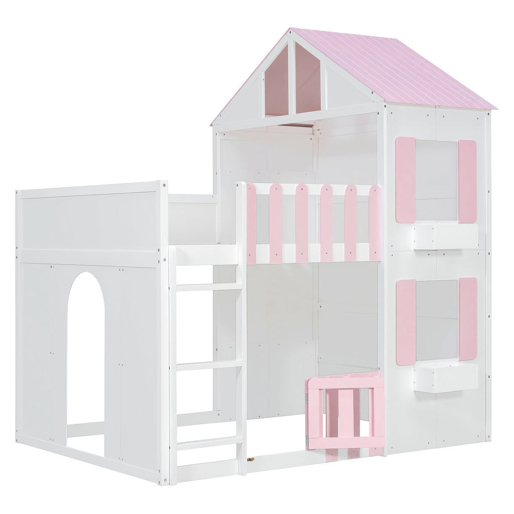 Full Over Full House Bunk Bed with Storage - Pink