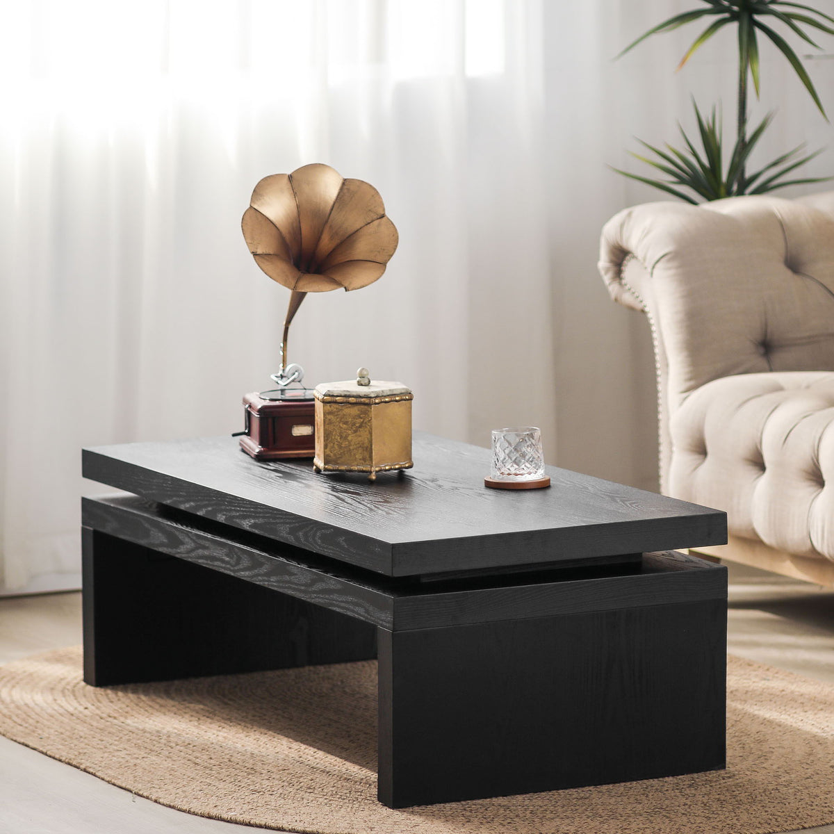 Rectangular Coffee Table with Modern Floating Top Design - Light Brown or Black