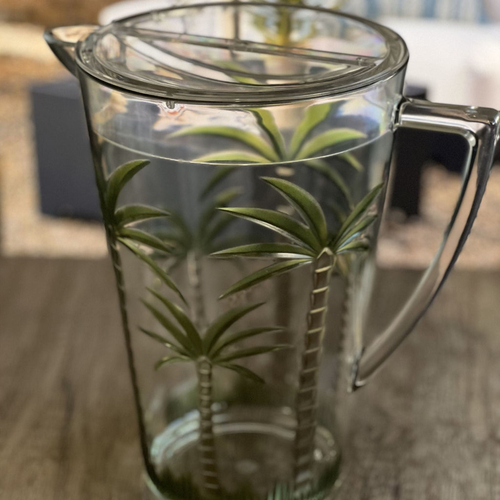 Unbreakable Plastic Water Pitcher with Lid and Palm Tree Design - Clear