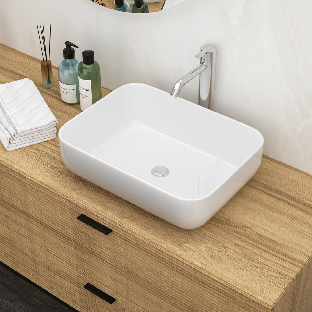 Modern Rectangular Vessel Bathroom Sink with Stain Resistant Ceramic - White