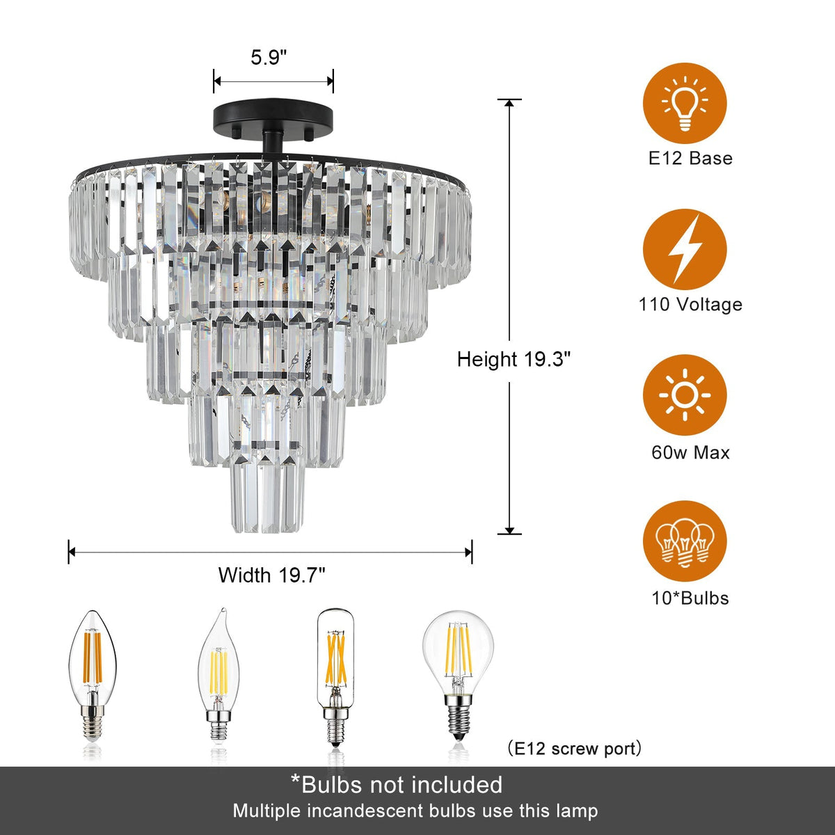 20-Inch Black Crystal Chandelier with K9 Crystals - Modern Flush Mount - Black