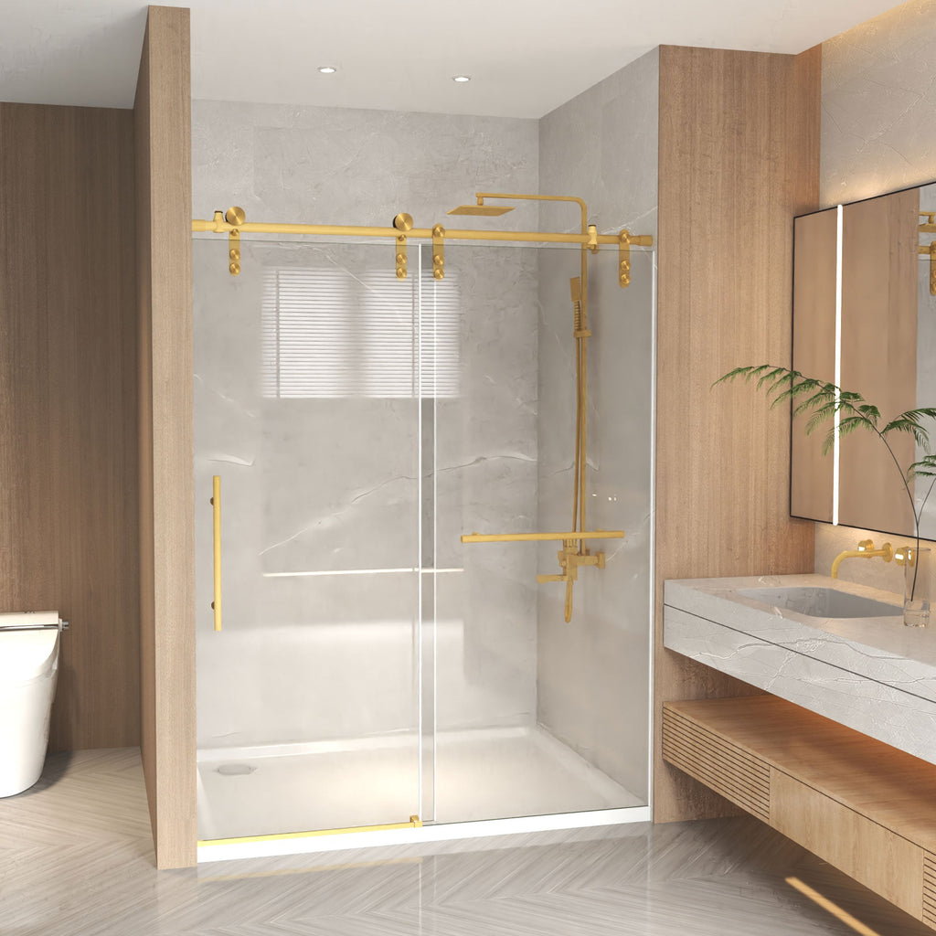 Frameless Sliding Shower Door with Clear Tempered Glass - Brushed Gold