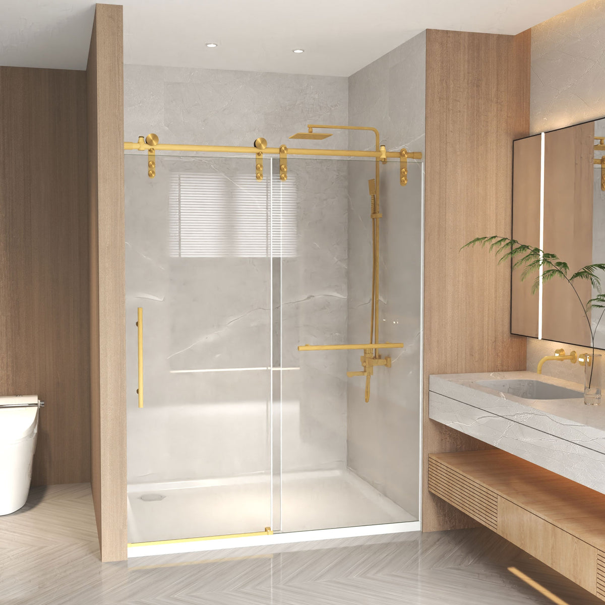 Frameless Sliding Shower Door with Clear Tempered Glass - Brushed Gold