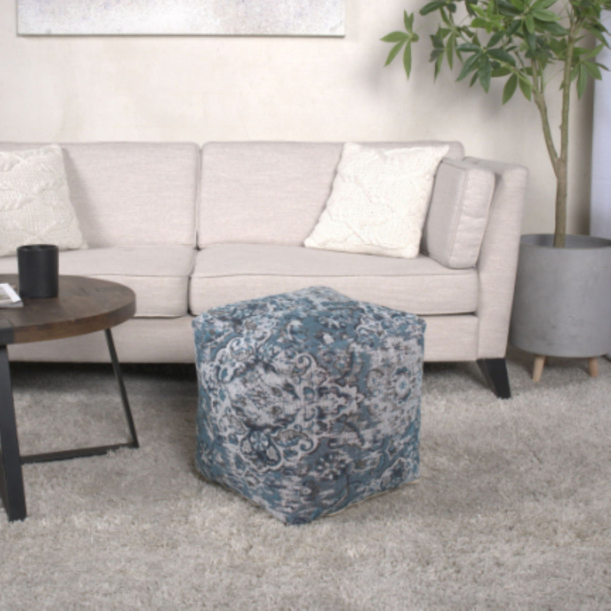 Blue Square Pouf Ottoman with Polystyrene Bead Filling - 16"