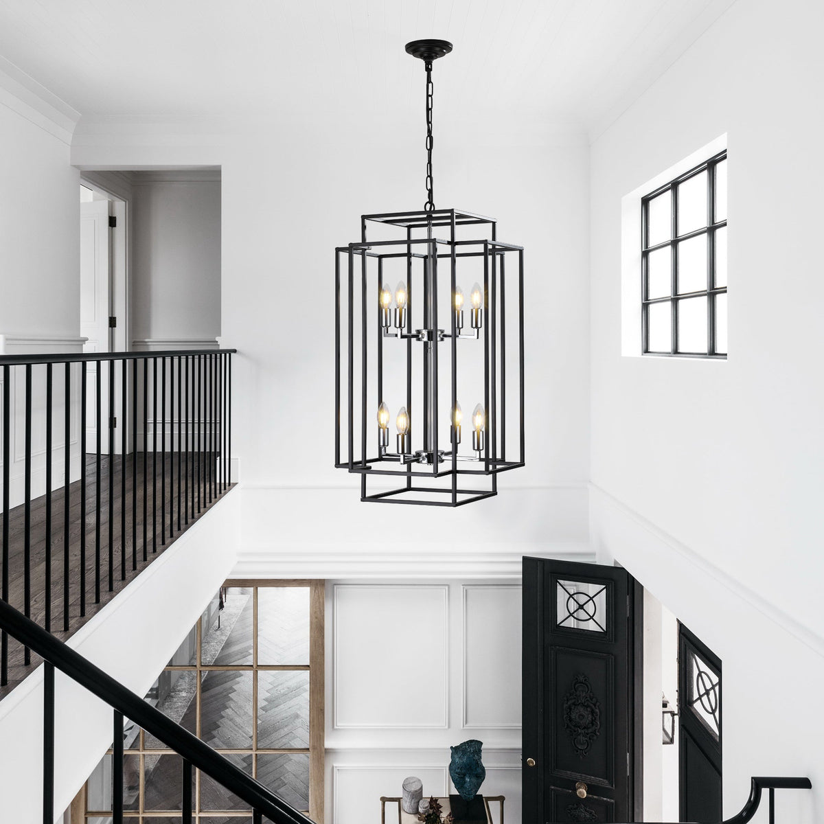Modern 8-Light Geometric Pendant Chandelier with Adjustable Height - Chrome