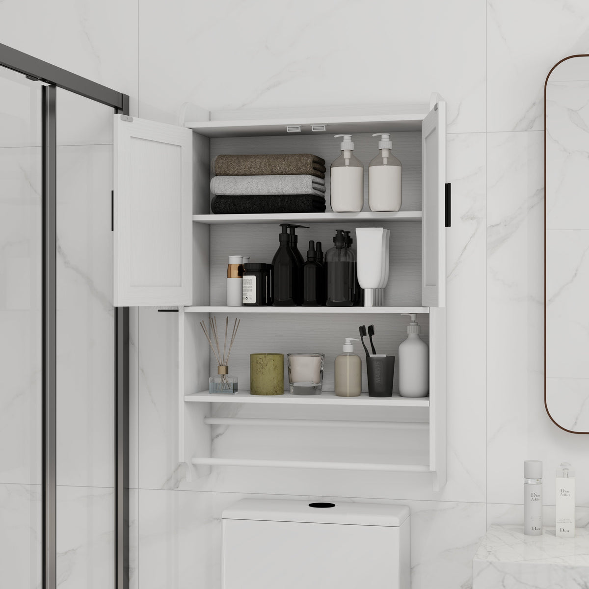 Bathroom Wall Cabinet with Adjustable Shelf and Towel Bar - White