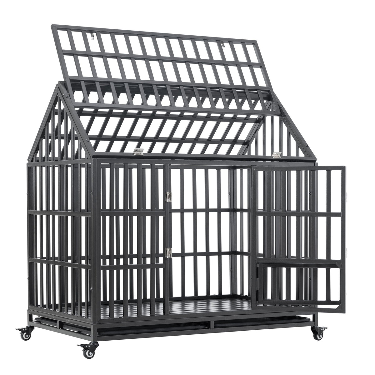 Heavy Duty Dog Crate with Lockable Wheels - Black