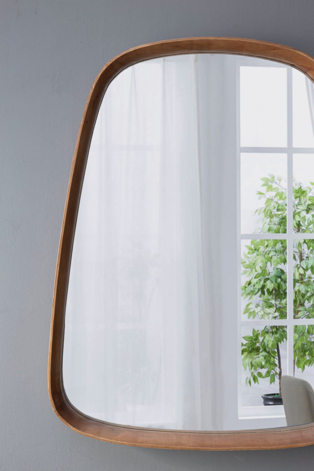 Irregular Wood Frame Wall Mirror with Curved Edges - Brown