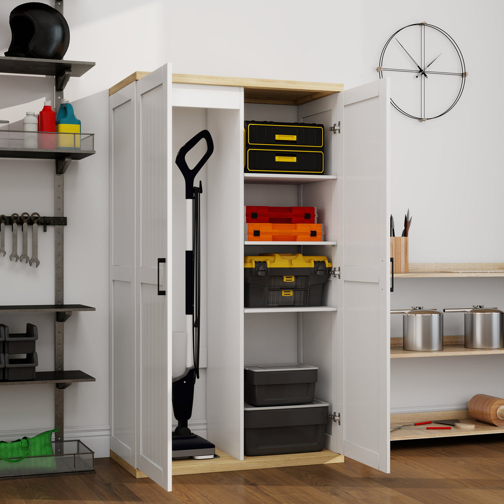 Tall Wooden Vacuum Storage Cabinet with Adjustable Shelf - White