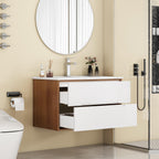 32-Inch Wall-Mounted Bathroom Vanity with Ceramic Sink Combo - Walnut/White