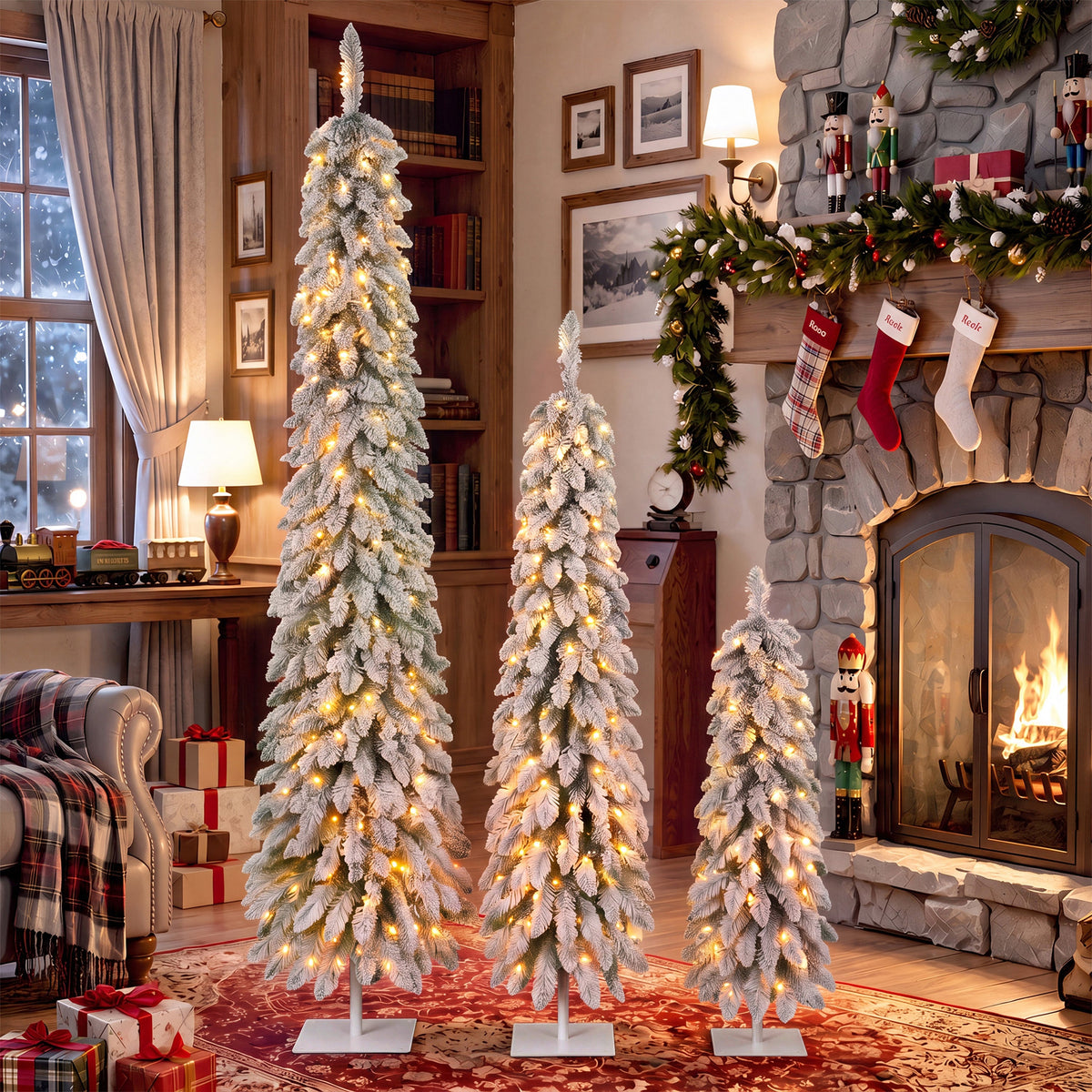 Snow Flocked Pre-Lit Pencil Christmas Tree with Warm LED Lights - White