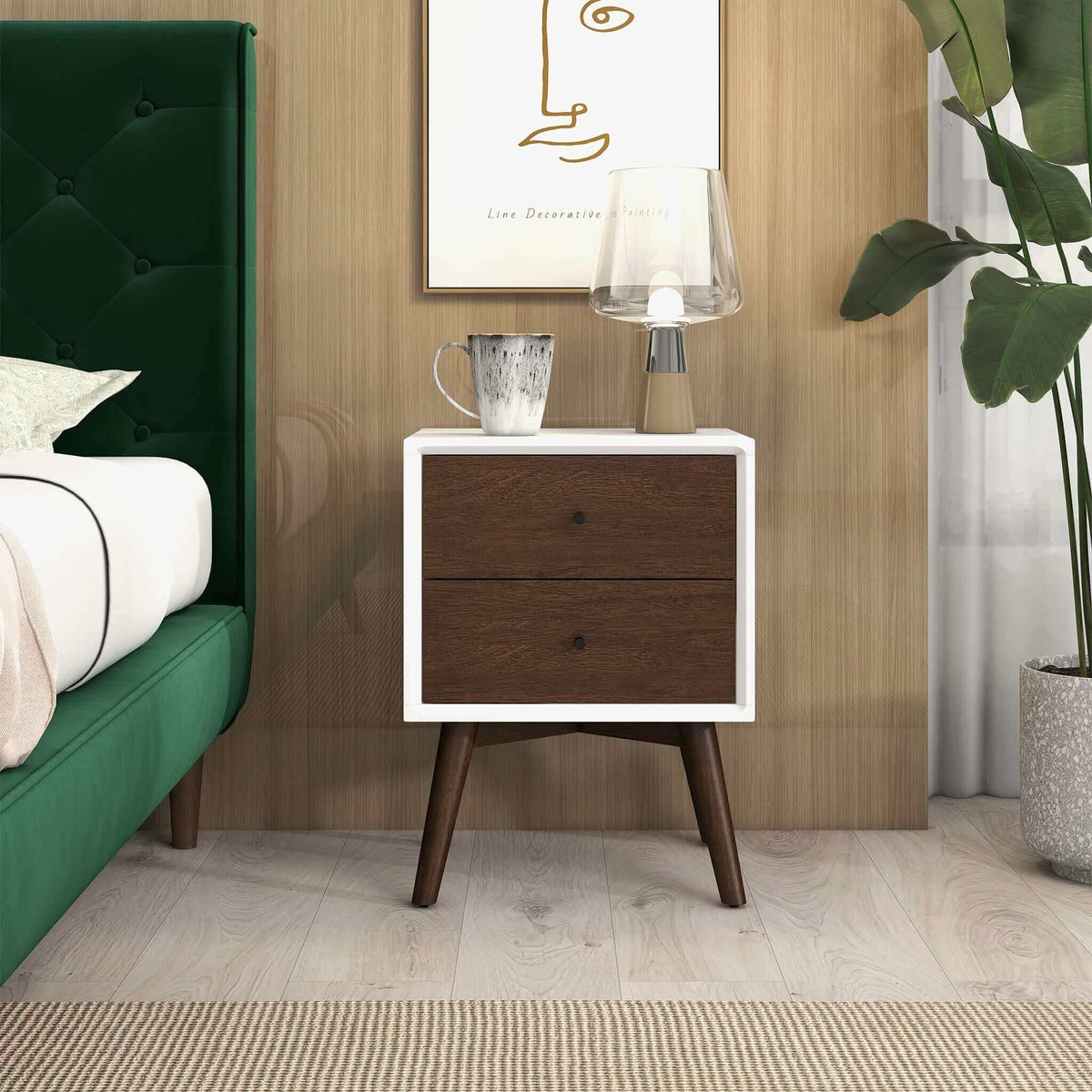 Mid-Century Modern Night Stand with 2 Drawers - Dark Brown or White