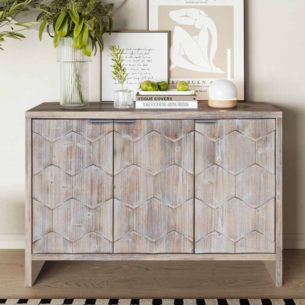 Farmhouse Style Wooden Sideboard with Adjustable Shelves - Light Brown