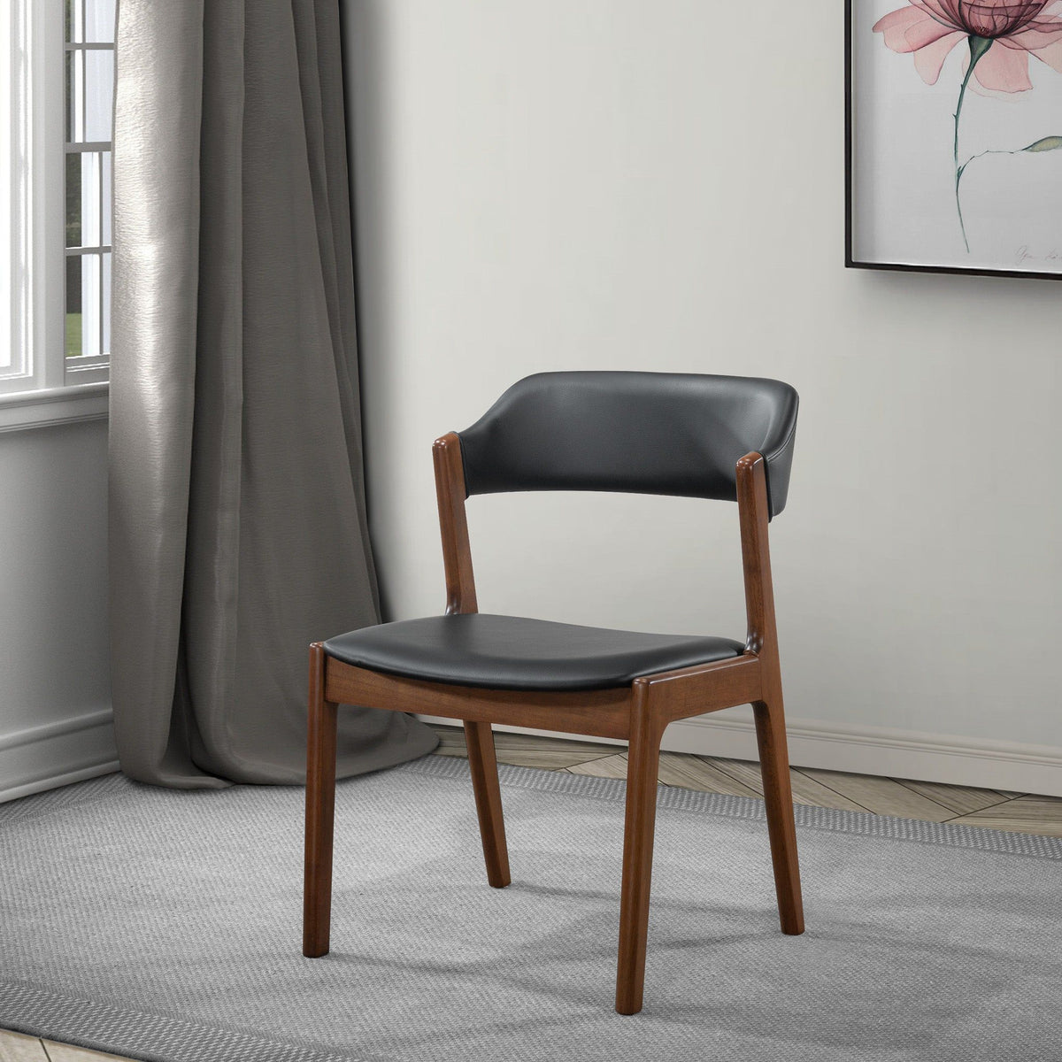 Enzo Dining Chair Set of 2 with Black Vegan Leather - Black / Brown