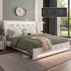 Wingback Upholstered Bed Frame with LED Lights and Charging Station - Black or White