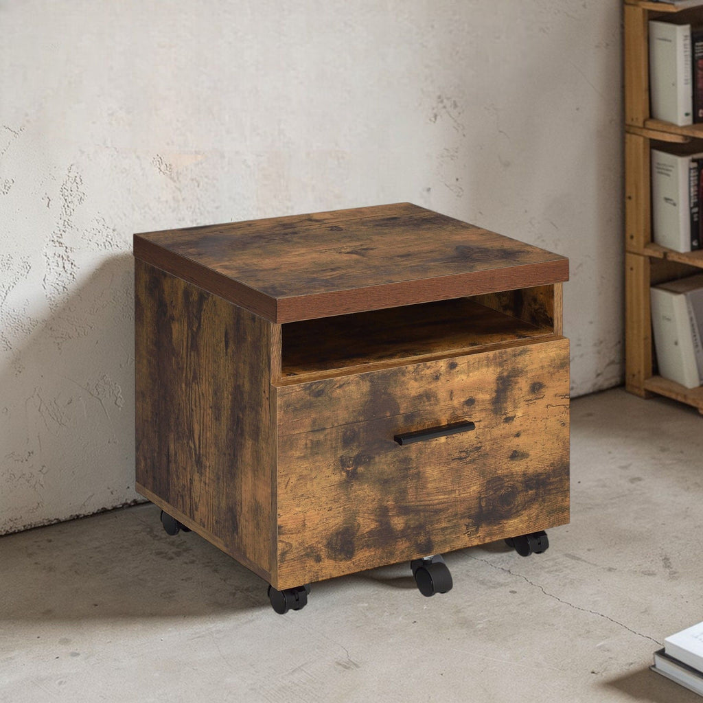 Weathered Oak File Cabinet with Drawer and Caster Wheels - Black