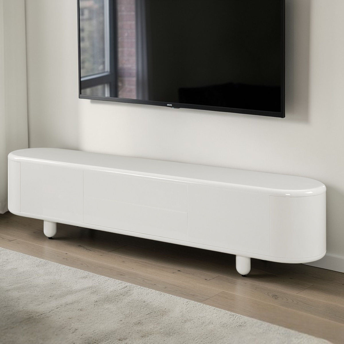 Gloss White TV Stand with Self-Closing Drawers - 94" Wide